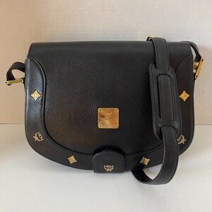 Vintage MCM Black Leather Gold Accent Medium Shoulder Crossbody Bag